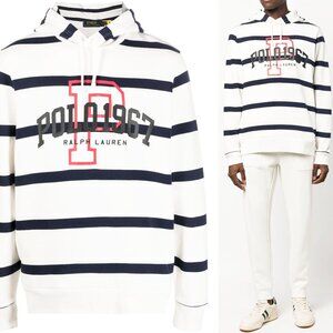 Polo Ralph Lauren Logo-print Navy White Striped Cotton Hoodie Sweatshirt S NWT